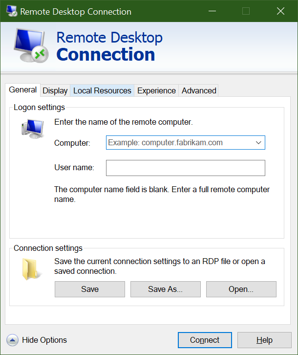 Screenshot of the user interface of the Remote Desktop Protocol client.