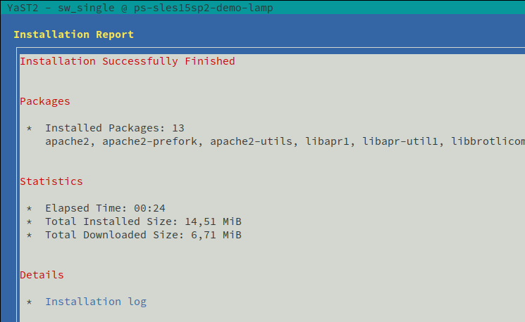 Screenshot of YaST showing installation report.