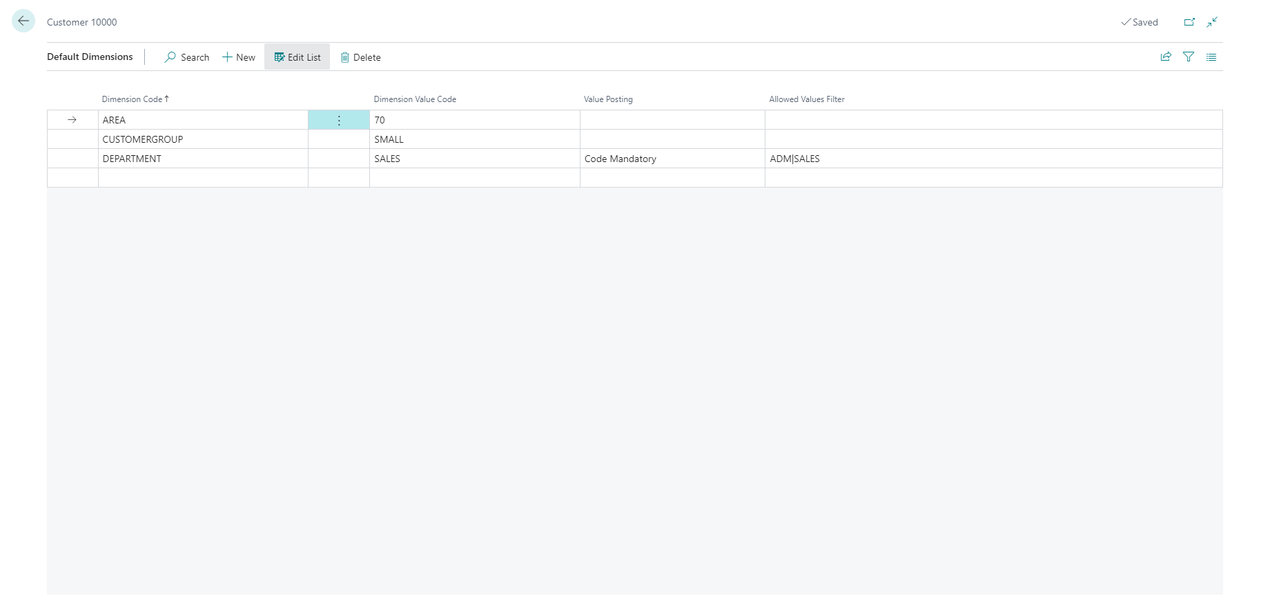 Screenshot of the Default dimensions page.