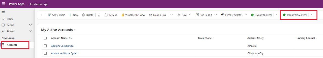 Screenshot of a sample model-driven app, showing the Accounts option and the Import from Excel option.