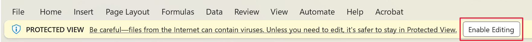 Screenshot of an Excel spreadsheet. Focus is on Enable Editing.