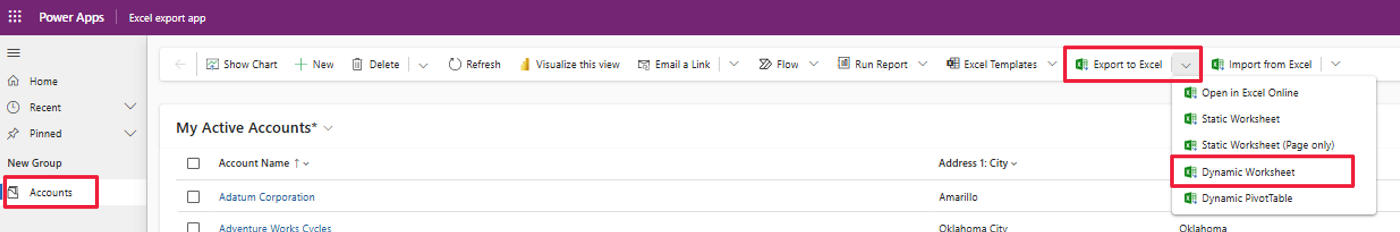 Screenshot of the list of Export to Excel options.