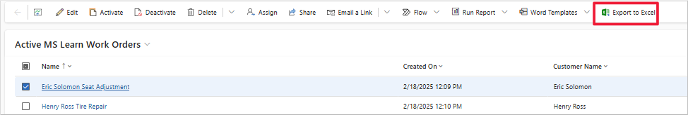 Screenshot of a sample model-driven app. Focus is on the list of Export to Excel options.