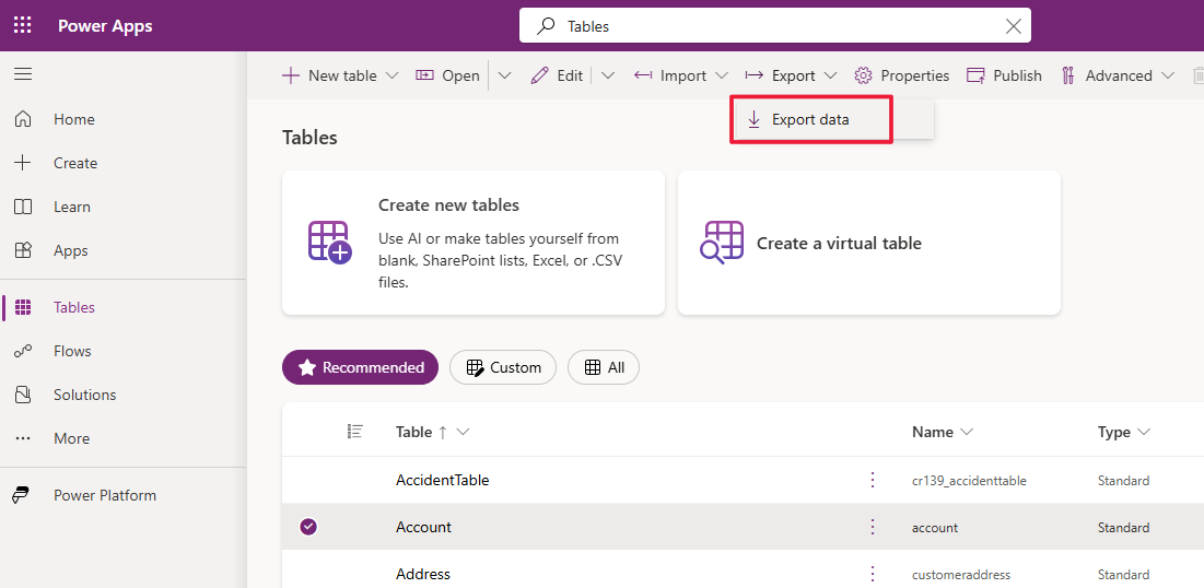 Screenshot of the Power Apps portal. Focus is on the Export data option from the Export dropdown menu.