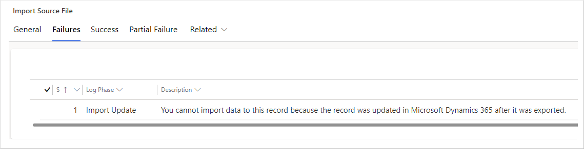 Screenshot of a sample Import Source File log that contains a row with an Import Update failure message.