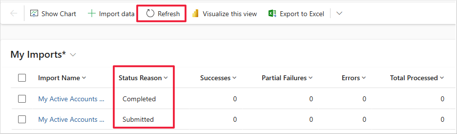 Screenshot of the list of imports in a sample model-driven app. Focus is on Refresh and Status Reason (from Submitted to Completed).
