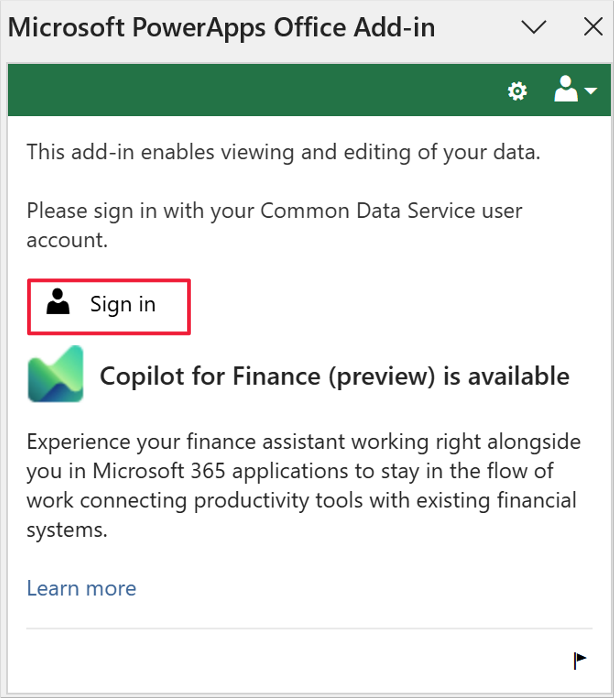 Screenshot of the Add-in pane in Excel. Focus is on the Sign in option.