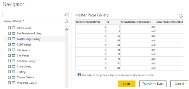 Screenshot of the Navigator window view with available tables.