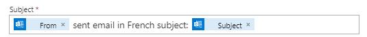 Screenshot of Under true branch, Send an email (V2), the Subject fields are filled in with parameters from previous steps.