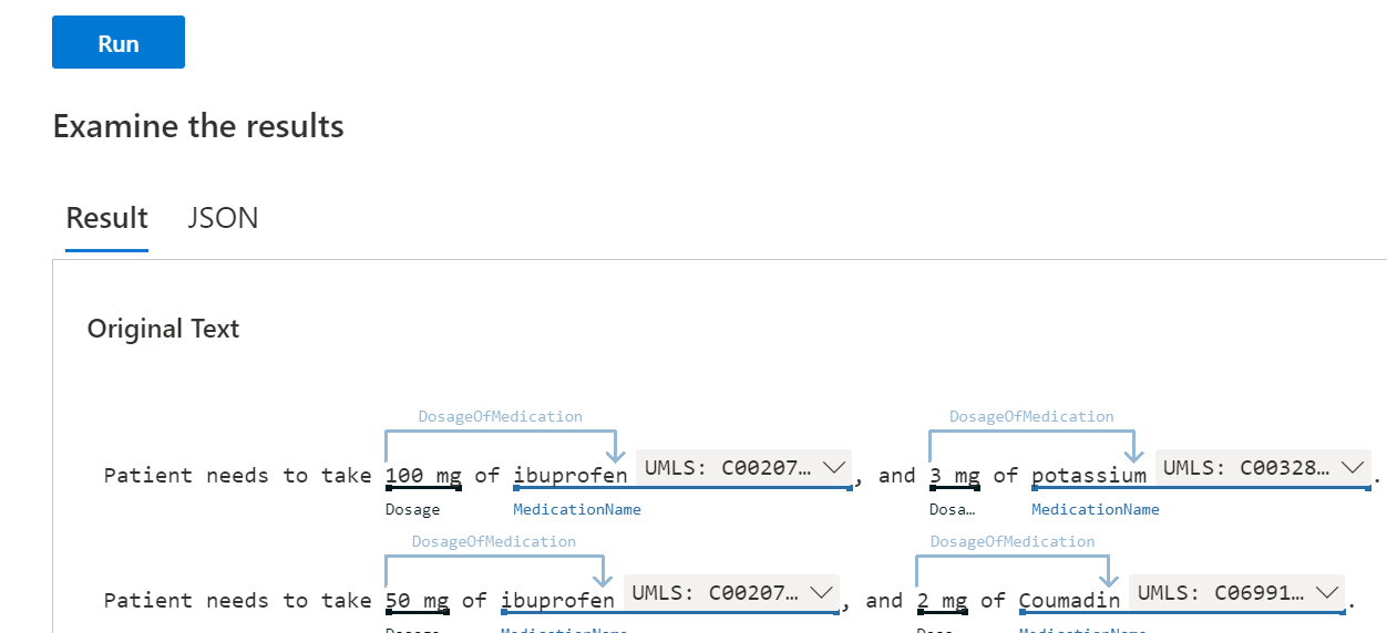 Screenshot of the result from Language Studio.