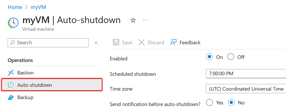 Screenshot showing Auto-shutdown option for a VM.