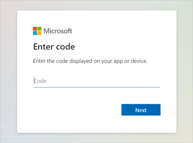Screenshot of the webpage where you can paste the device code.