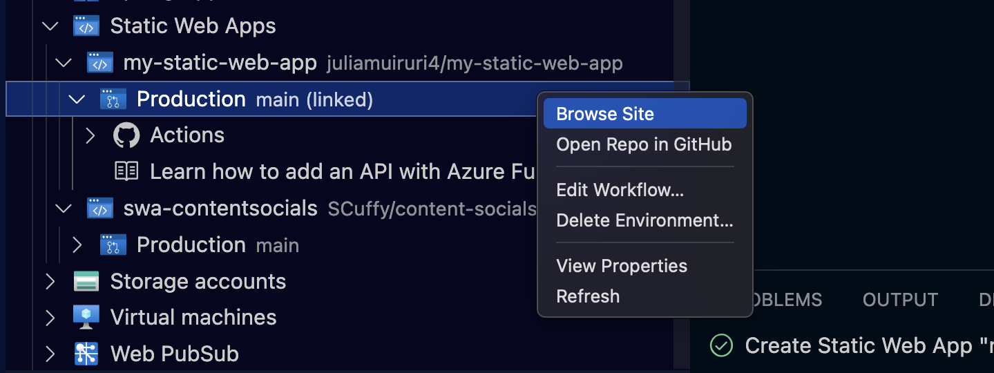 Screenshot showing how to browse to your static web app site.