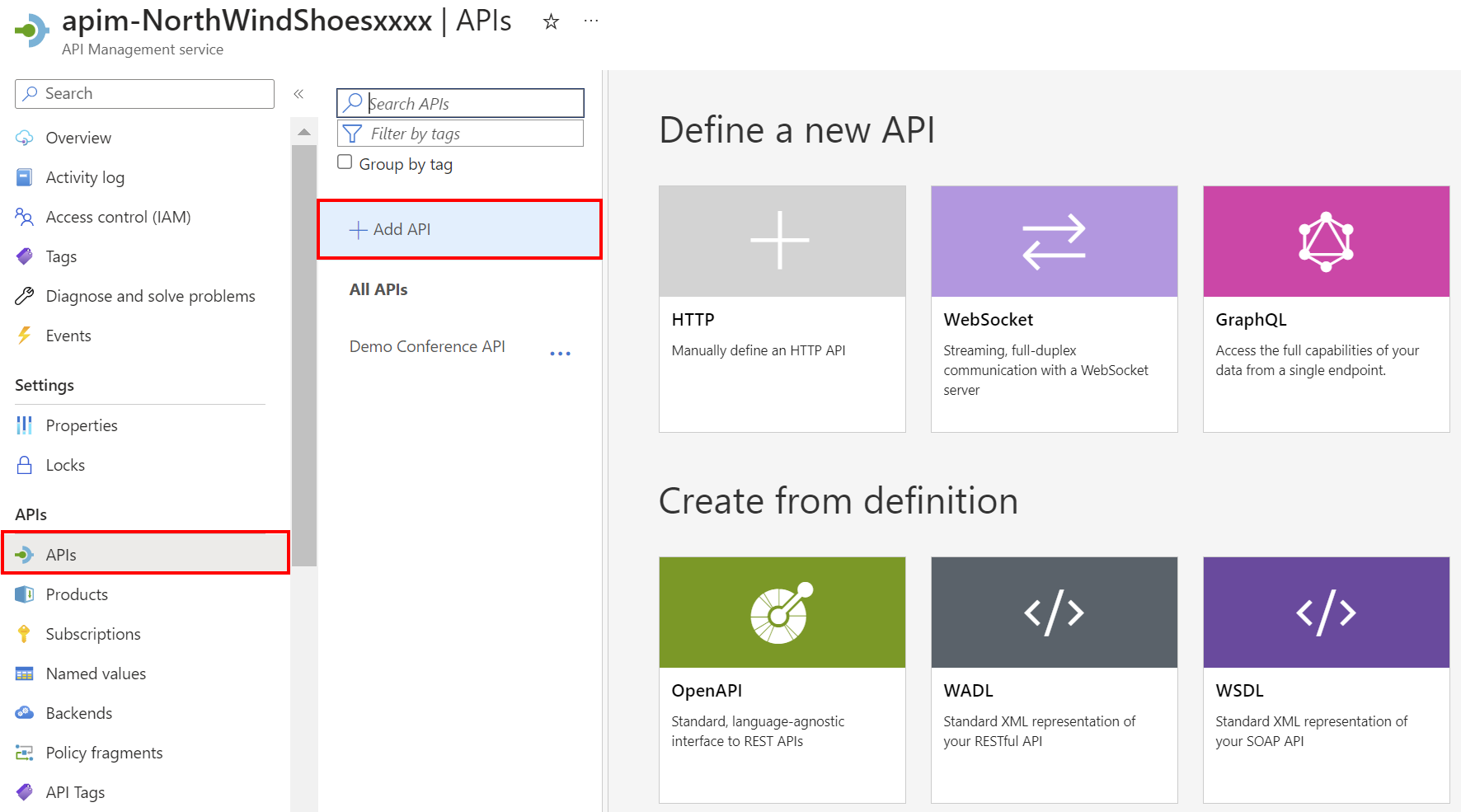 Screenshot of Azure portal showing API Management service with the APIs section highlighted and selected.