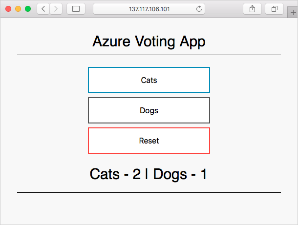 Screenshot that shows the Azure voting application with two choices in a browser. Cats and Dogs.