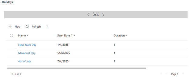 Screenshot of the Holidays page showing sample US holidays.