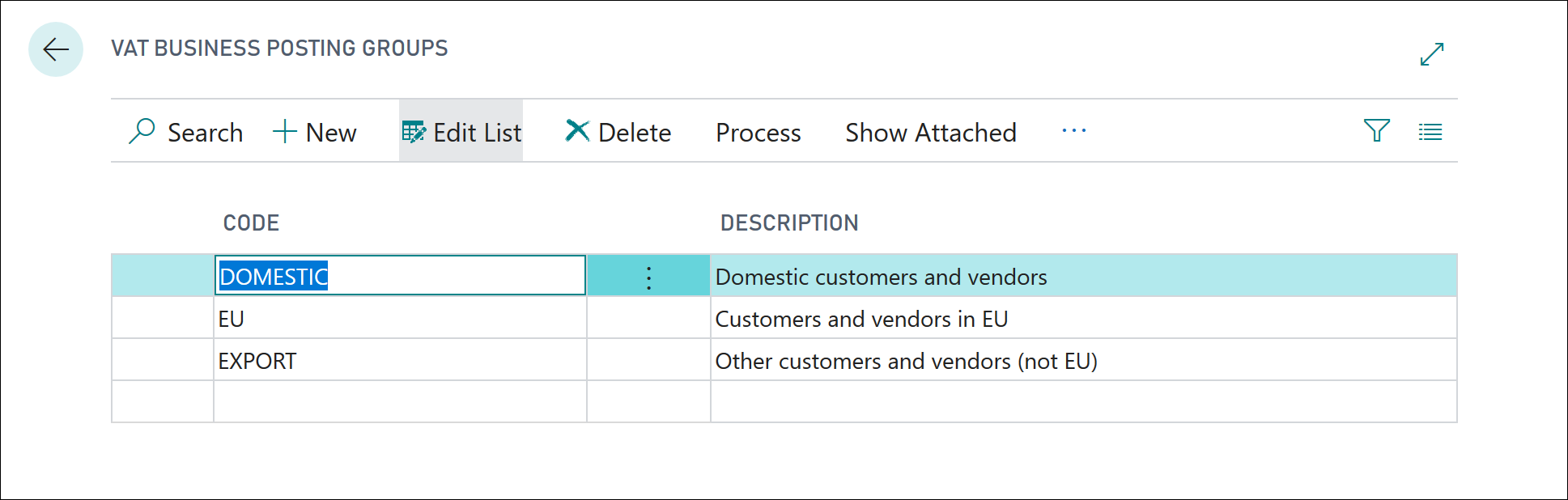 Screenshot of the VAT Business Posting Groups window.