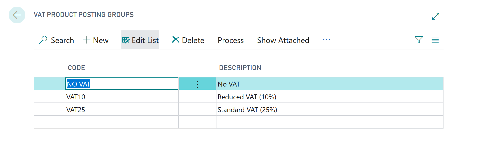 Screenshot of the VAT Product Posting Groups window.