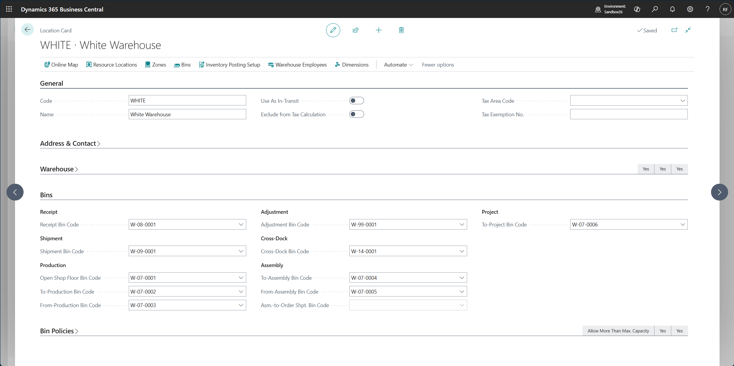 Screenshot of the Location card with production and assembly bins.