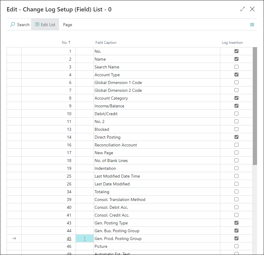 Screenshot of Fields on the Change Log Setup page.