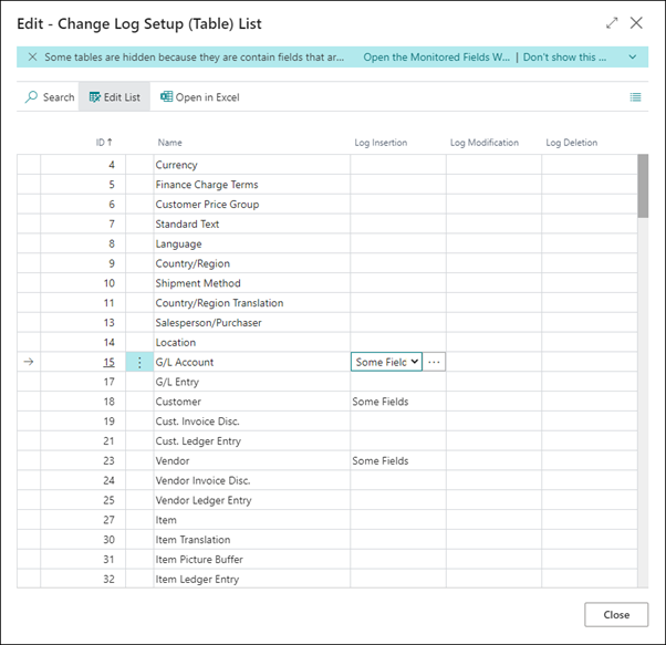Screenshot of the Tables action on the Change Log Setup page.