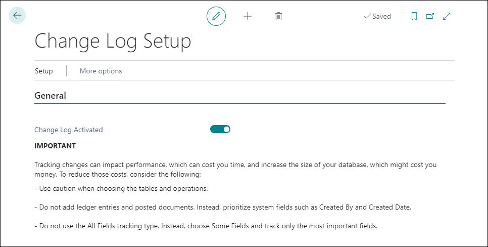 Screenshot of the Change Log Setup page.