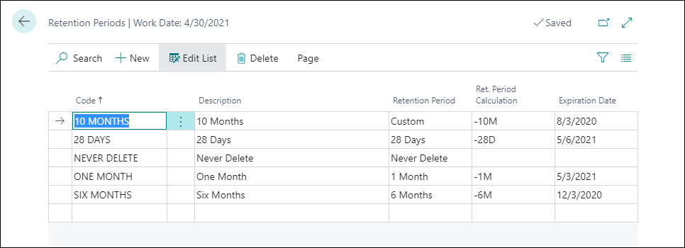 Screenshot of the Retention Periods page.