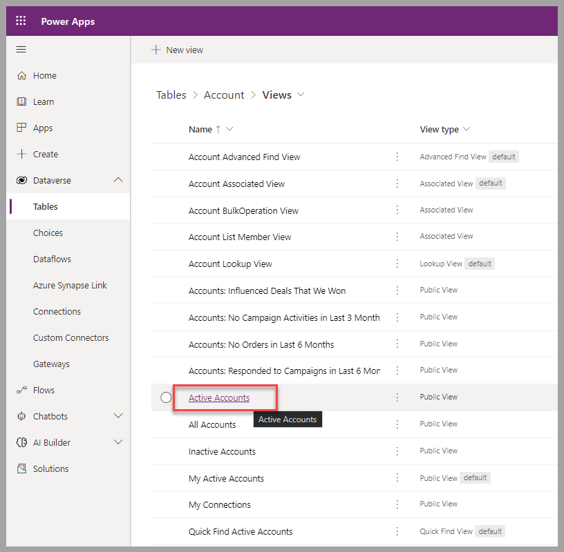 Partial screenshot of the list of views for the Account table. Focus is on the view named Active Accounts.