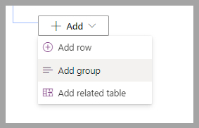 Partial screenshot of the Edit filters page. Focus is on the Add pop-out menu, displaying the available options of Add row, Add group, and Add related table.