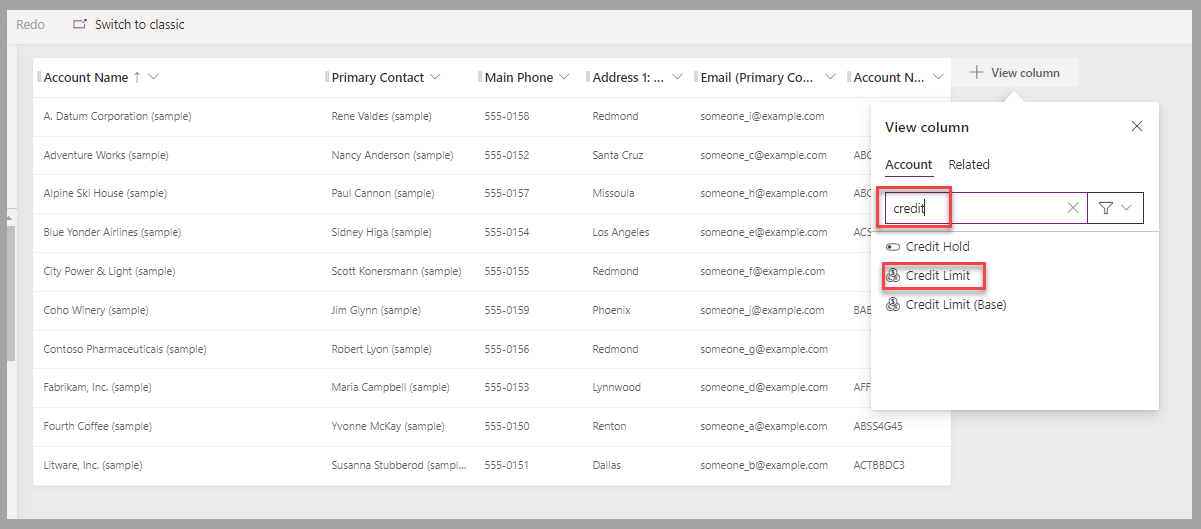 Partial screenshot of the view designer. Focus is on the Credit Limit column to add by using the View column pop-up menu.