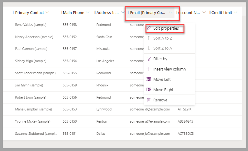 Partial screenshot of the view designer. Focus is on the Email (Primary Contact) column heading and Edit properties option in the pop-up menu.