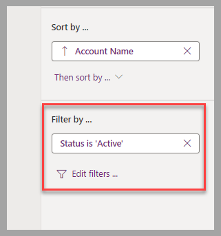 Partial screenshot of the view designer. Focus is on the Filter by section in the right pane.