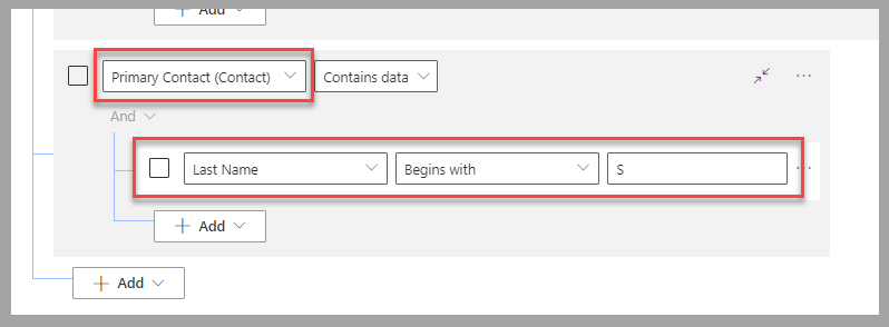 Partial screenshot of the Edit filters page. Focus is on the Primary Contact (Contact) field and Last Name Begins with S criterion.