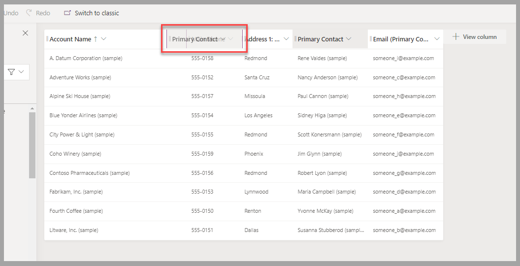 Partial screenshot of the view designer, showing the Primary Contact column being dragged next to the Account Name column.
