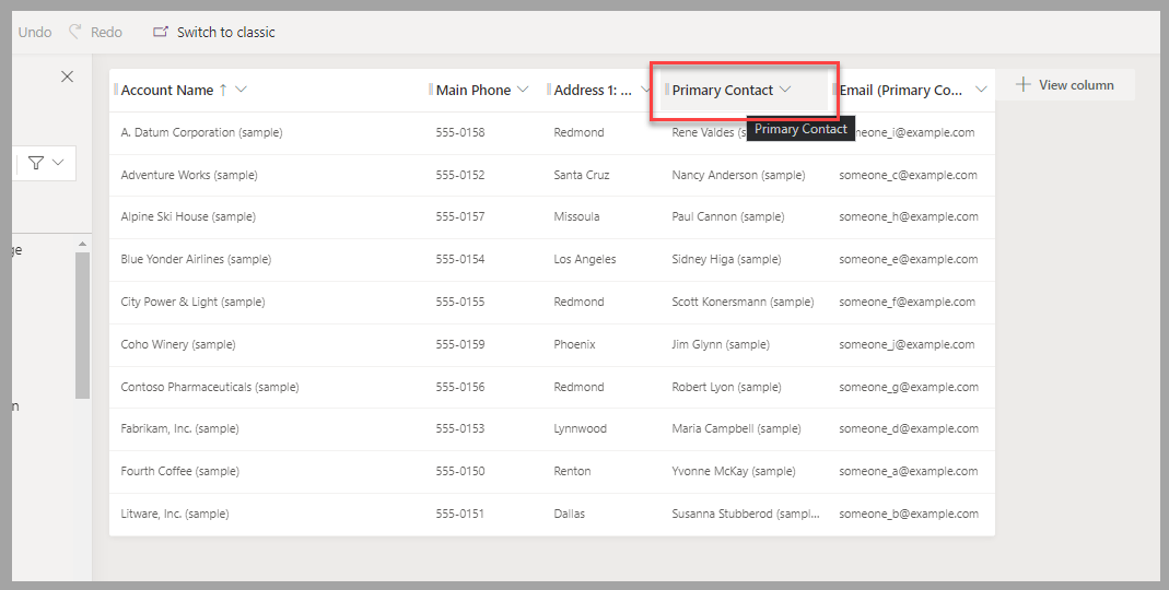 Partial screenshot of the view designer. Focus is on the column heading Primary Contact.