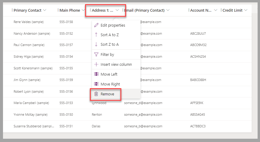 Partial screenshot of the view designer. Focus is on the Address 1: City column heading and the Remove option in the pop-up menu.