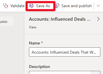 Partial screenshot of the view designer. Focus is on the Save and Save As options.