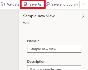 Partial screenshot of the view designer. Focus is on the Save option.