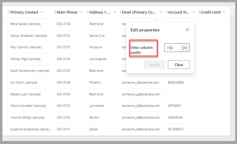 Partial screenshot of the view designer. Focus is on the View column width label of the Edit properties pop-up menu.