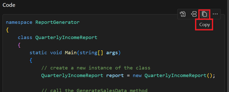 Screenshot showing a code block in the Chat view.