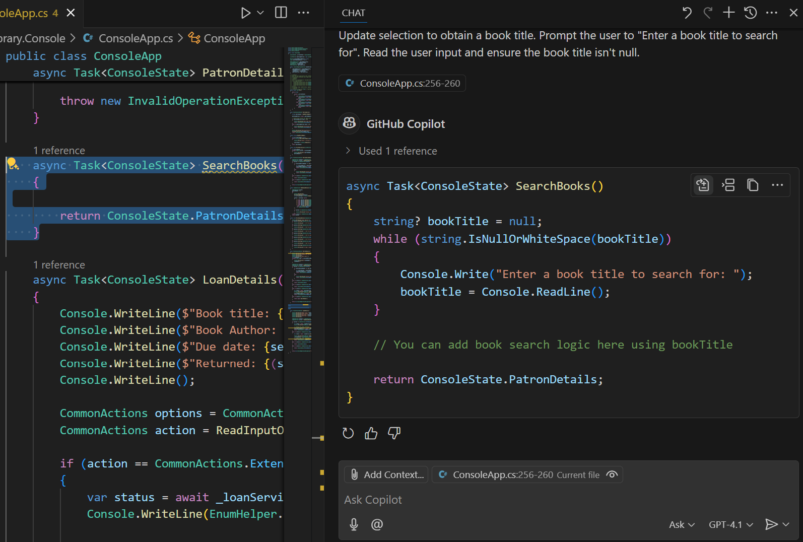 Screenshot showing Chat view in ask mode suggesting a code update.