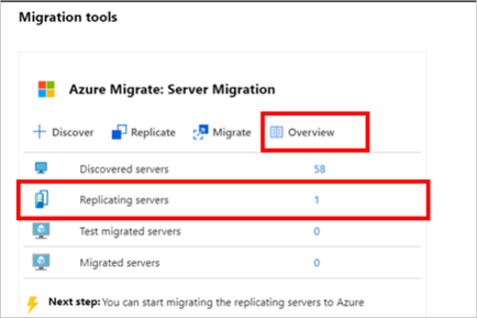 Screenshot of the Azure Migrate: Server Migration panel. Overview button and Replicating servers are highlighted with a red border.