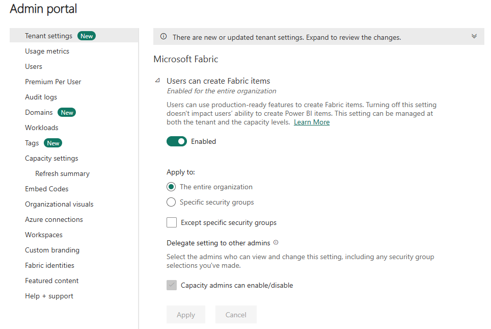 Screenshot of Tenant settings in admin portal.