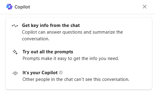 Screenshot of the top portion of the Copilot pane in Teams that displays various suggestions on how you can use Copilot.