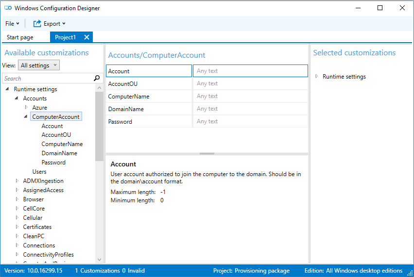 Screenshot of the Windows Configuration Designer. Shows a project called Project1 open with the Computer Account option in the left view, with fields for Account, AccountOU, ComputerName, DomainName, and Password in the right view.