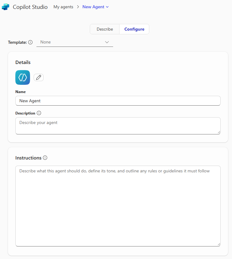 Screenshot showing the template, name, and description fields on the Configure tab in Copilot Studio.