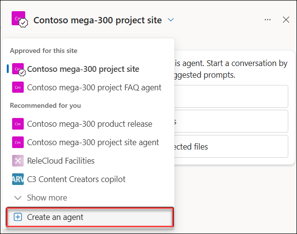 Screenshot of a Copilot chat pane showing the drop-down menu next to the current agent with the Create an agent option highlighted.