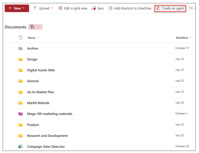 Screenshot of a SharePoint document library with the Create an agent option highlighted on the menu bar.