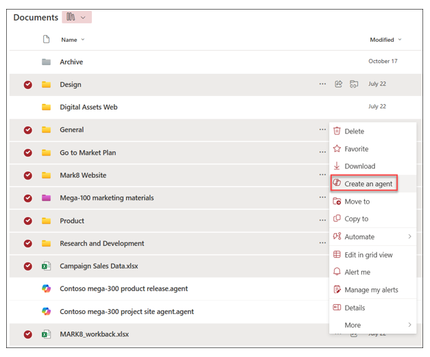 Screenshot of a SharePoint document library with the drop-down menu for selected files showing the Create an agent option highlighted.