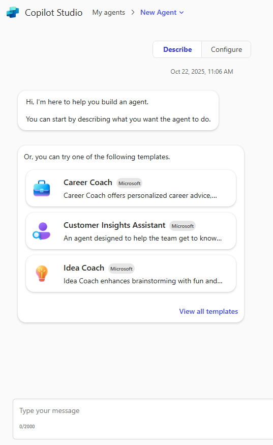 Screenshot of the Copilot Studio agent builder showing the Describe tab and prefilled fields.